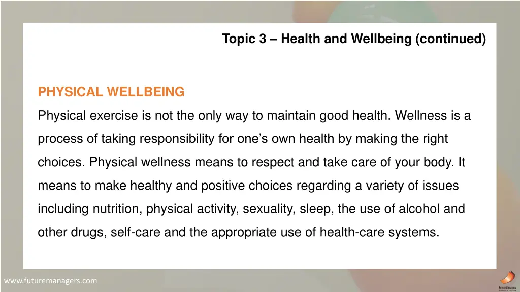 topic 3 health and wellbeing continued