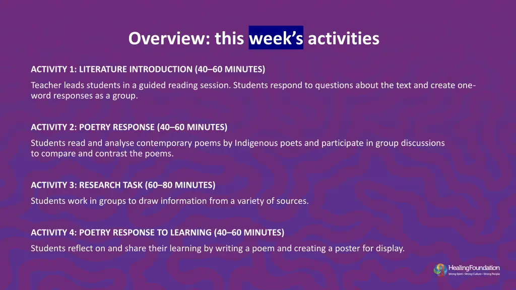 overview this week s activities
