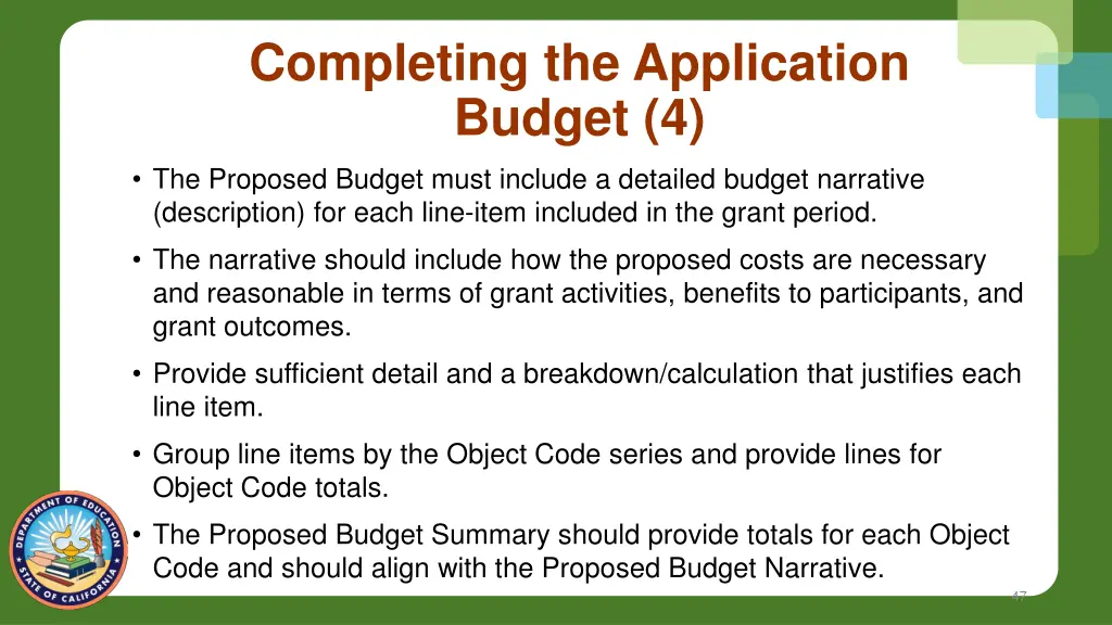 completing the application budget 4