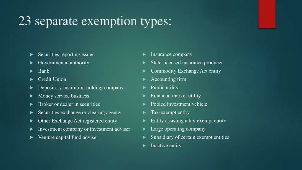 23 separate exemption types