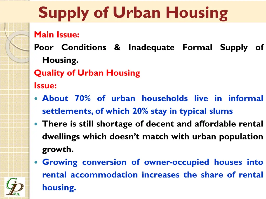 supply of urban housing