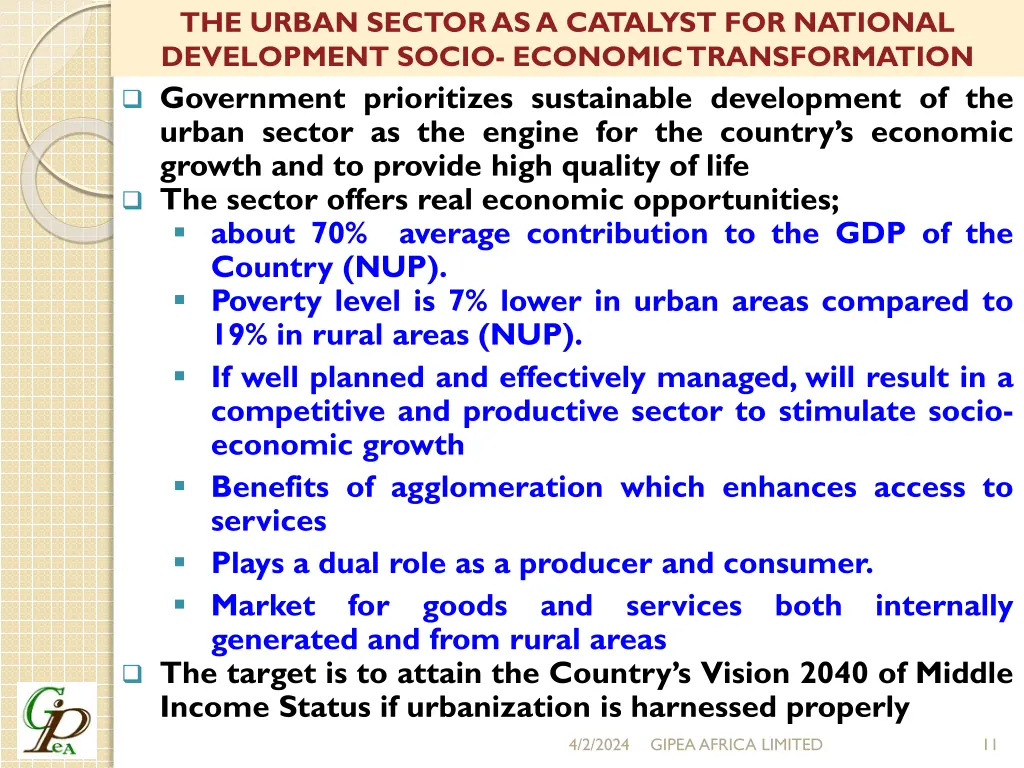 the urban sector as a catalyst for national