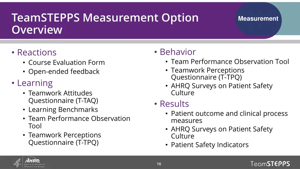 teamstepps measurement option overview