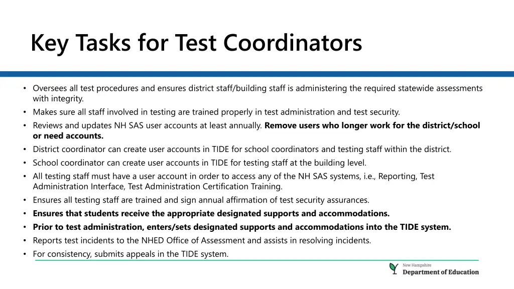 key tasks for test coordinators