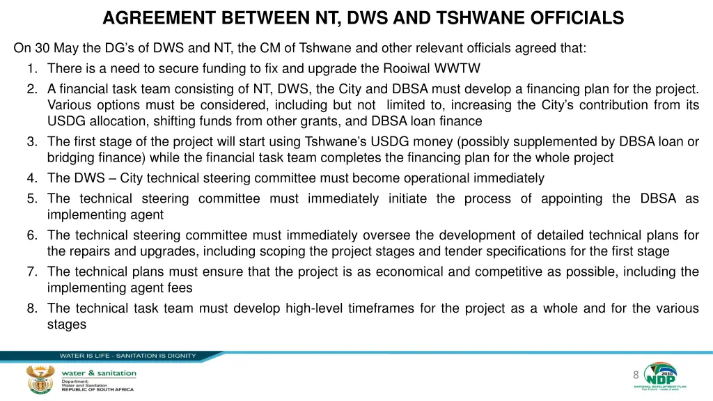 agreement between nt dws and tshwane officials