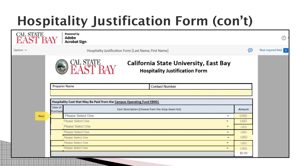 hospitality justification form con t