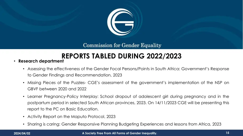 reports tabled during 2022 2023 research