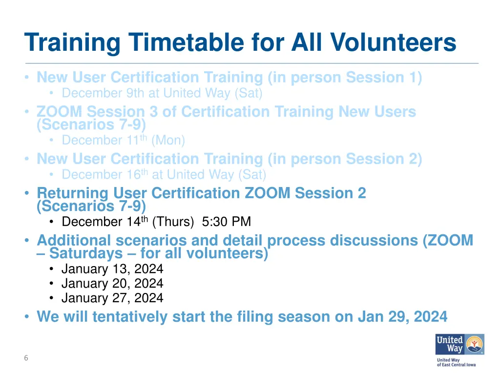 training timetable for all volunteers