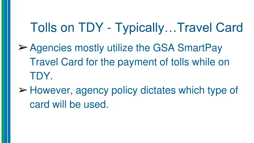 tolls on tdy typically travel card agencies