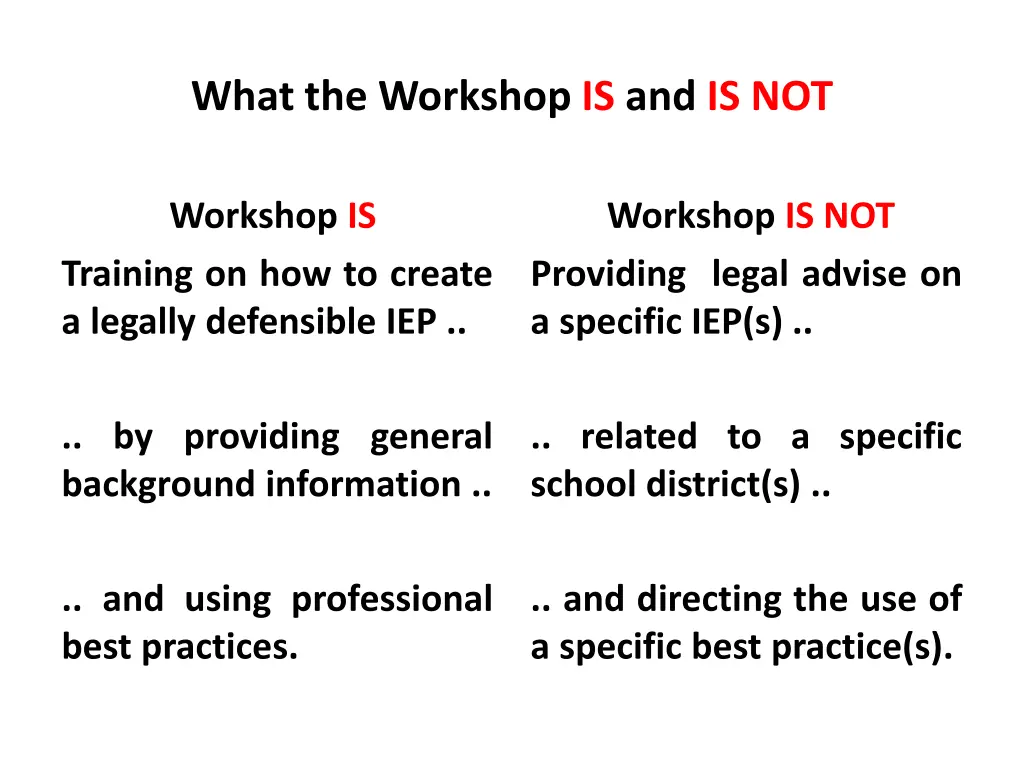 what the workshop is and is not