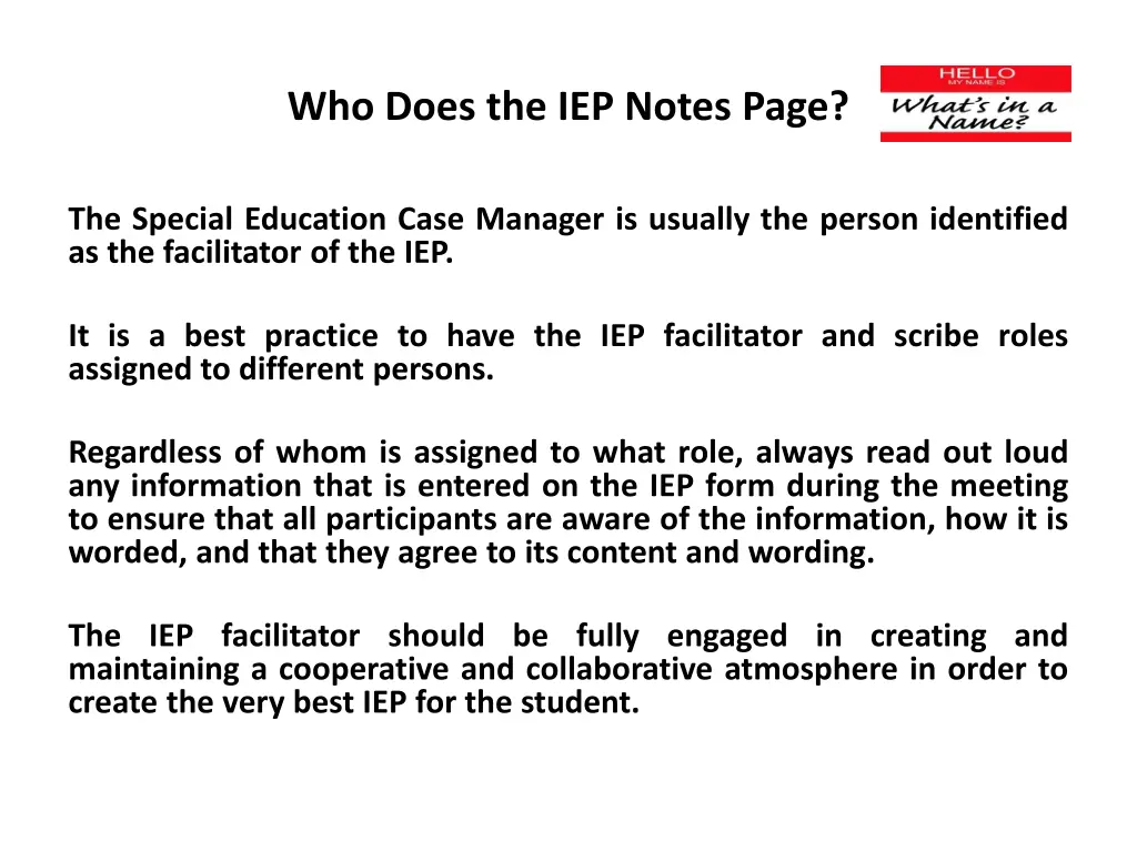 who does the iep notes page