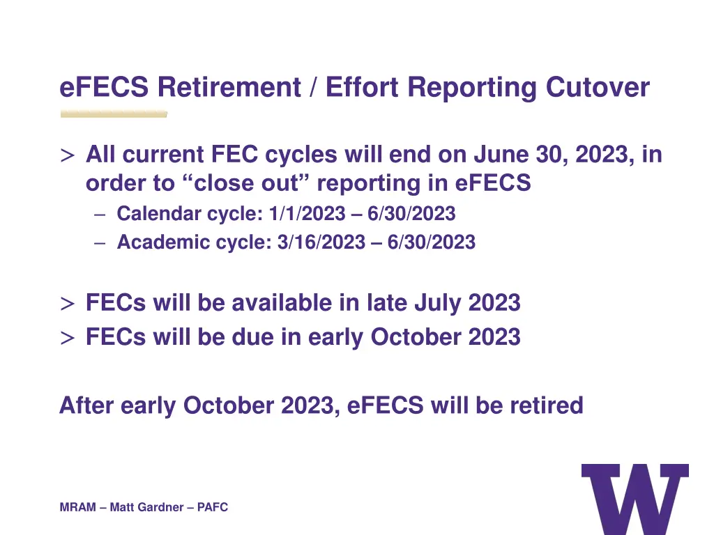 efecs retirement effort reporting cutover