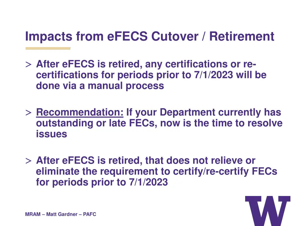 impacts from efecs cutover retirement