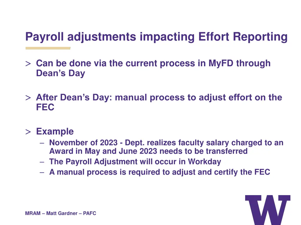 payroll adjustments impacting effort reporting
