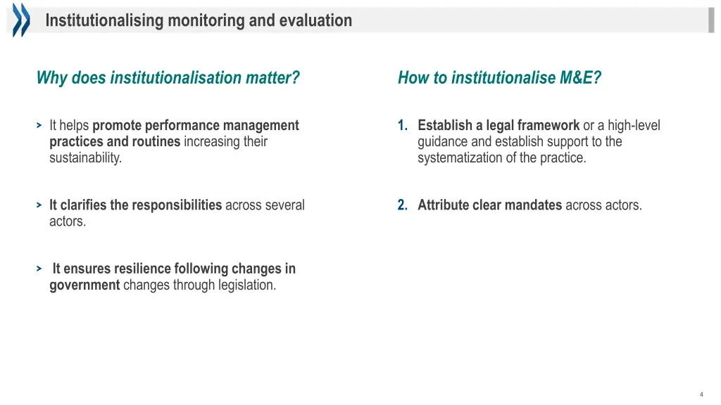 institutionalising monitoring and evaluation