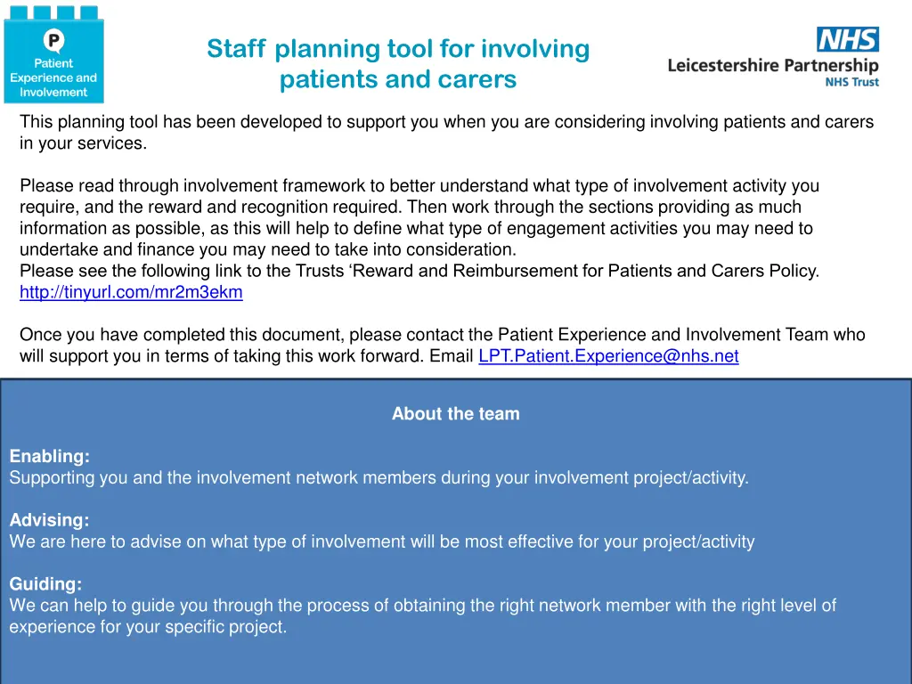 staff planning tool for involving patients