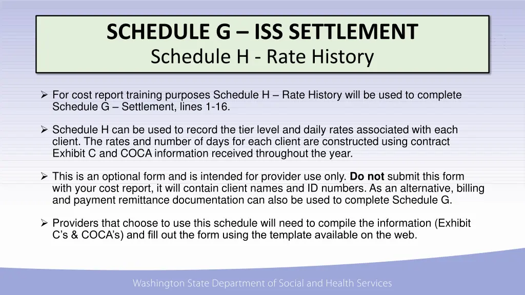 schedule g iss settlement schedule h rate history