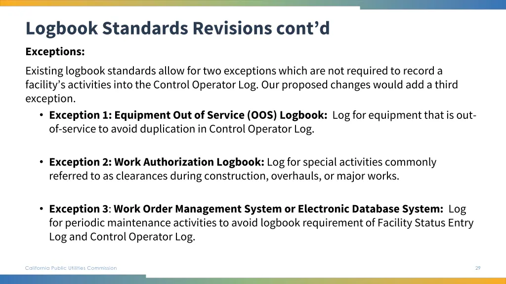 logbook standards revisions cont d exceptions