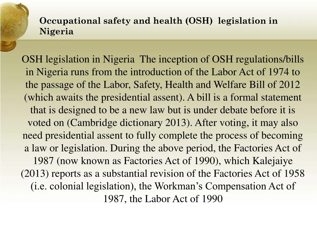 occupational safety and health osh legislation 1