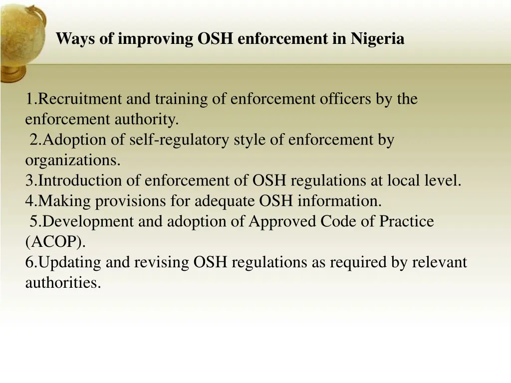 ways of improving osh enforcement in nigeria