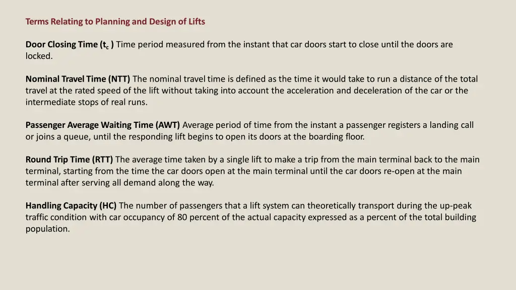termsrelatingto planningand design of lifts