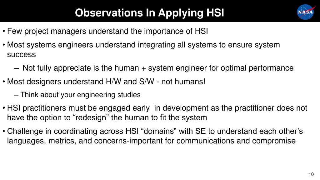 observations in applying hsi