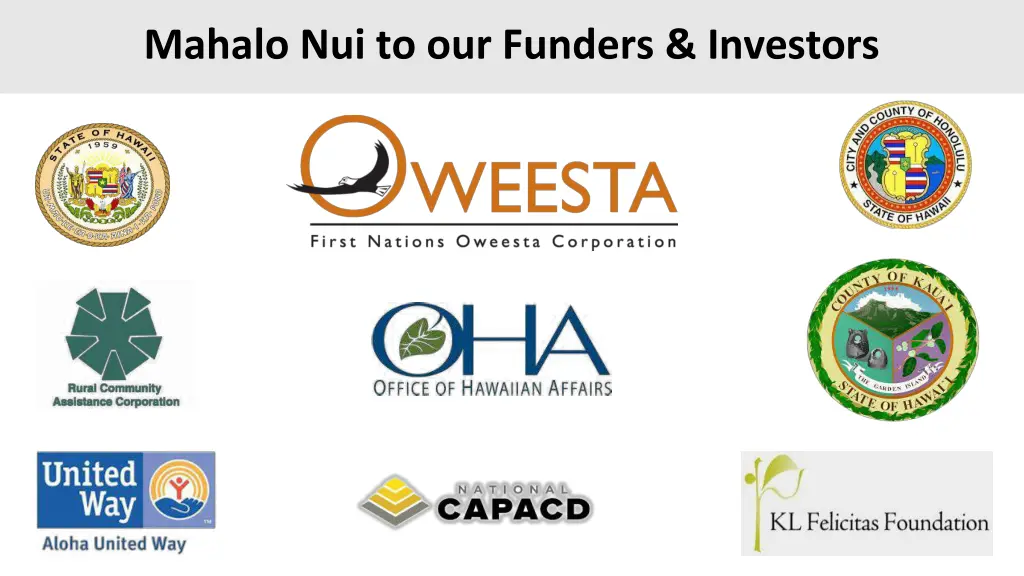 mahalo nui to our funders investors