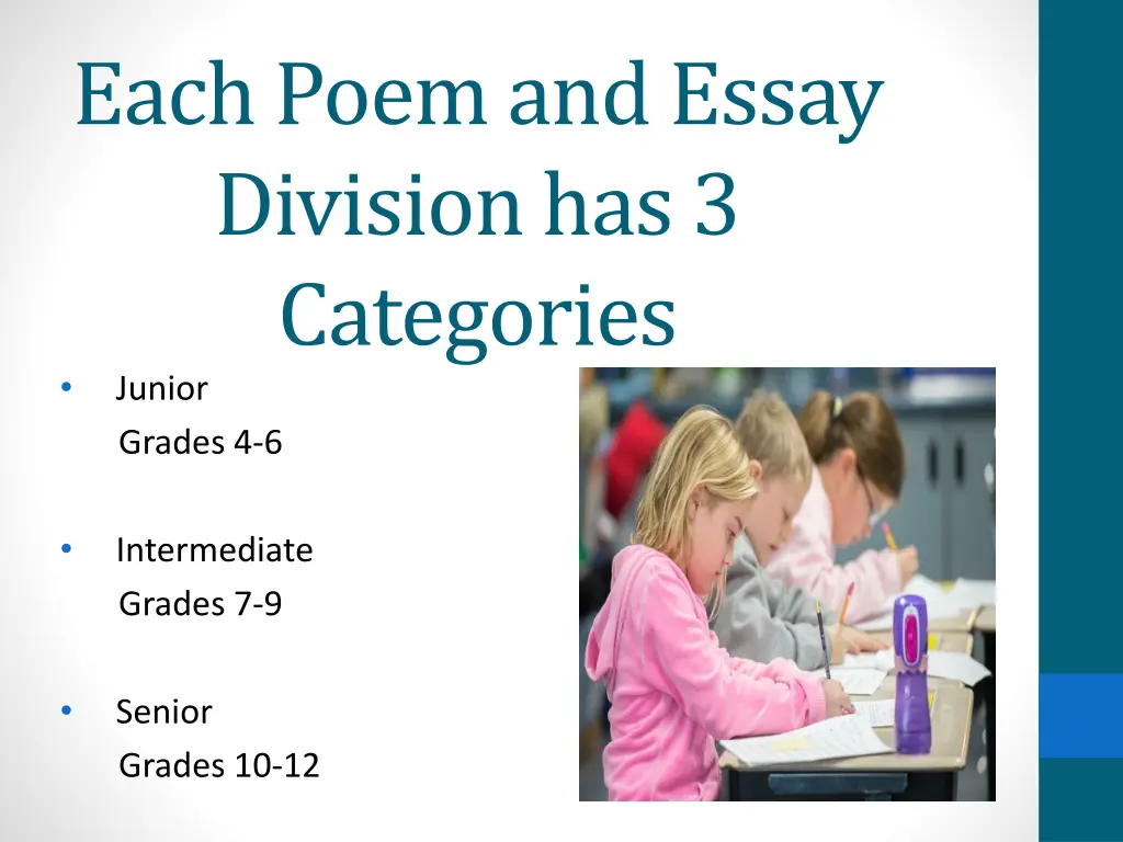 each poem and essay division has 3 categories