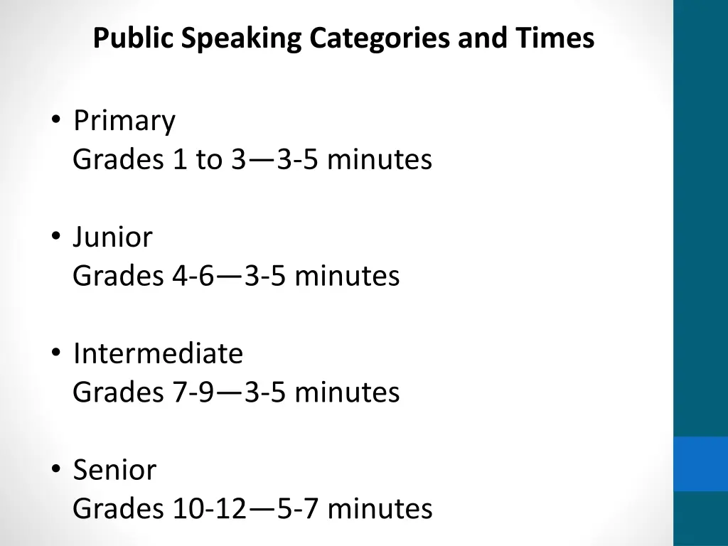 public speaking categories and times