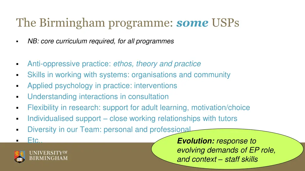 the birmingham programme some usps
