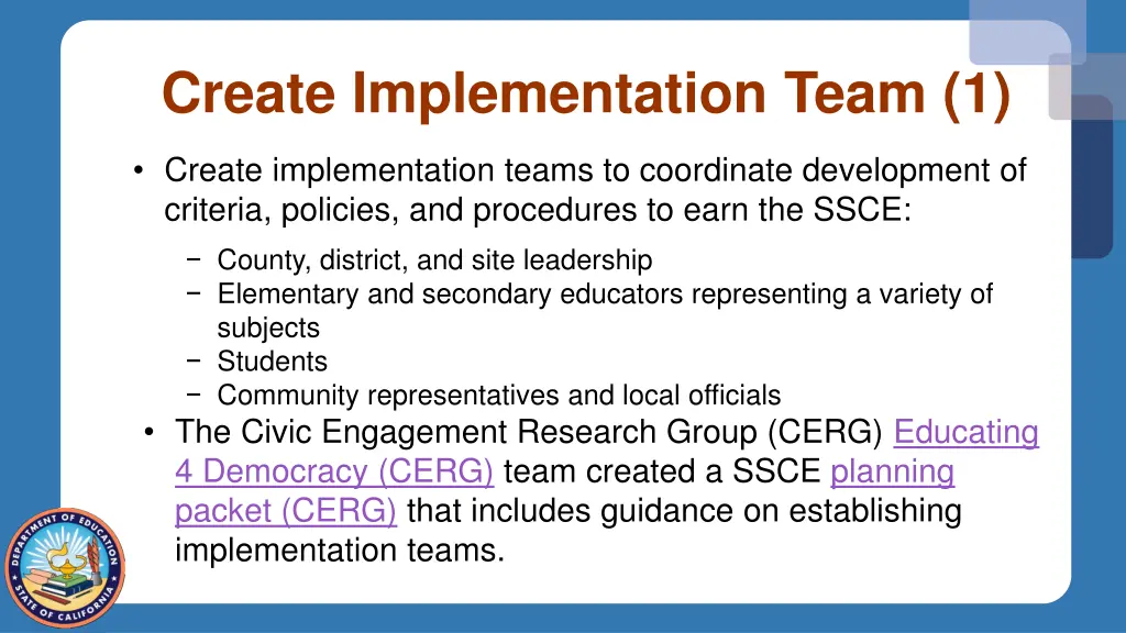 create implementation team 1