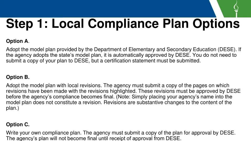 step 1 local compliance plan options