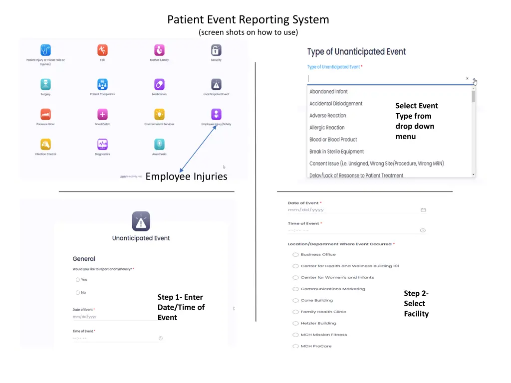patient event reporting system screen shots