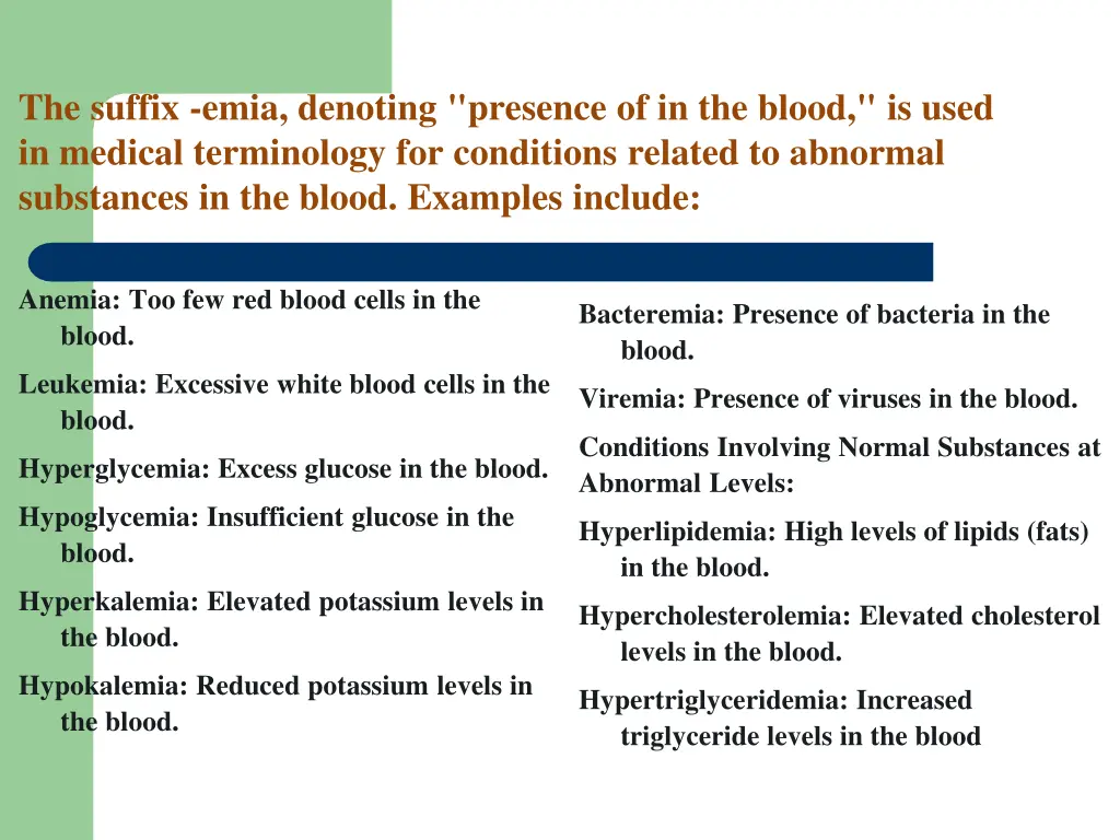 the suffix emia denoting presence of in the blood