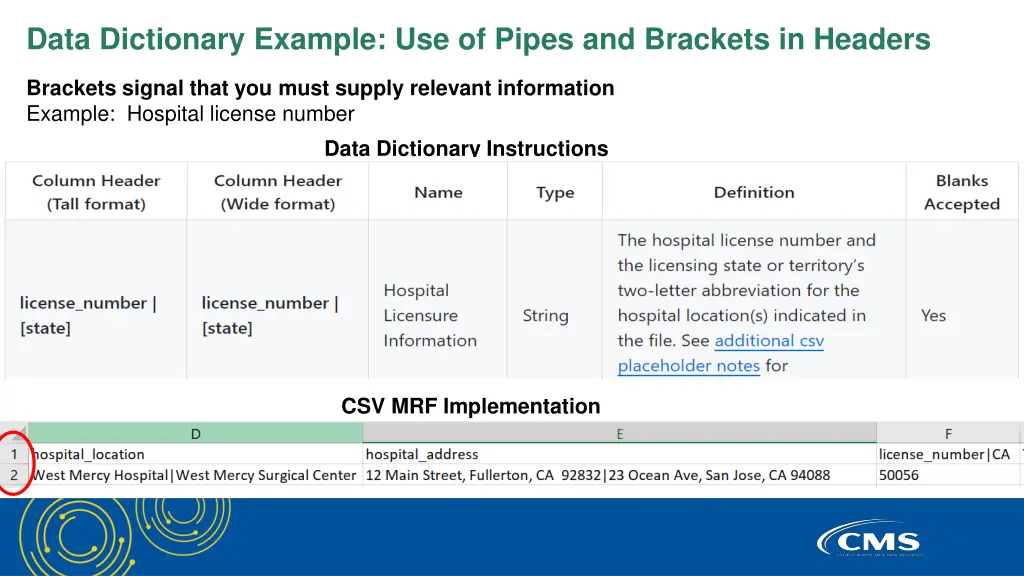 data dictionary example use of pipes and brackets