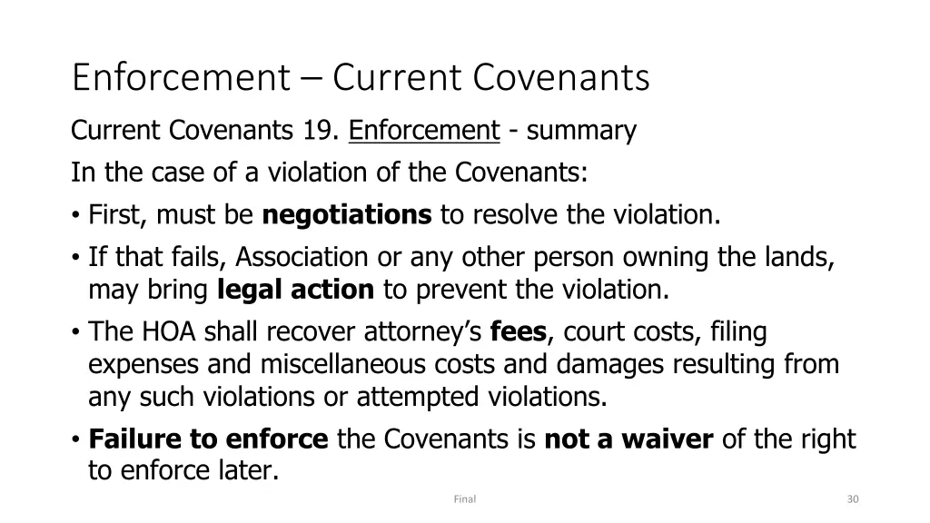 enforcement current covenants current covenants