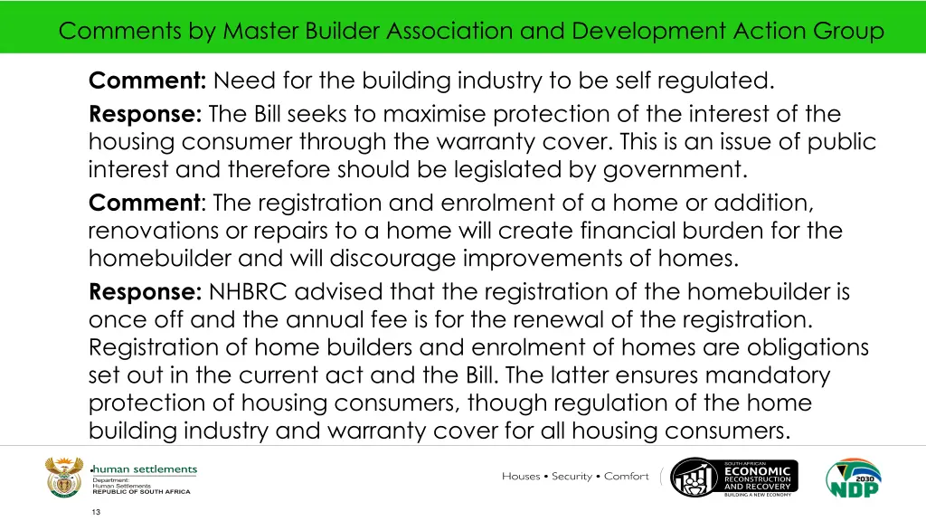 comments by master builder association