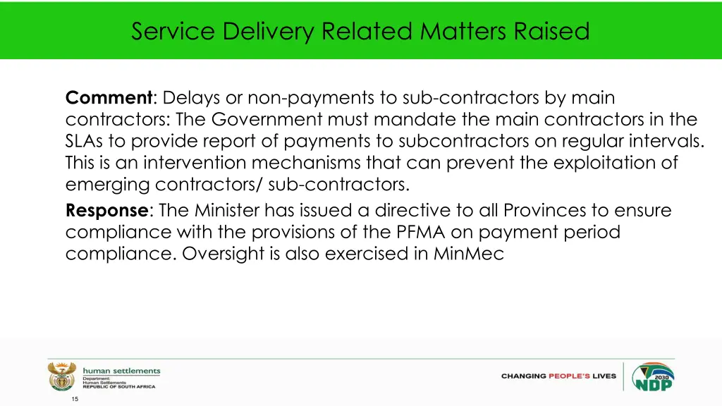 service delivery related matters raised