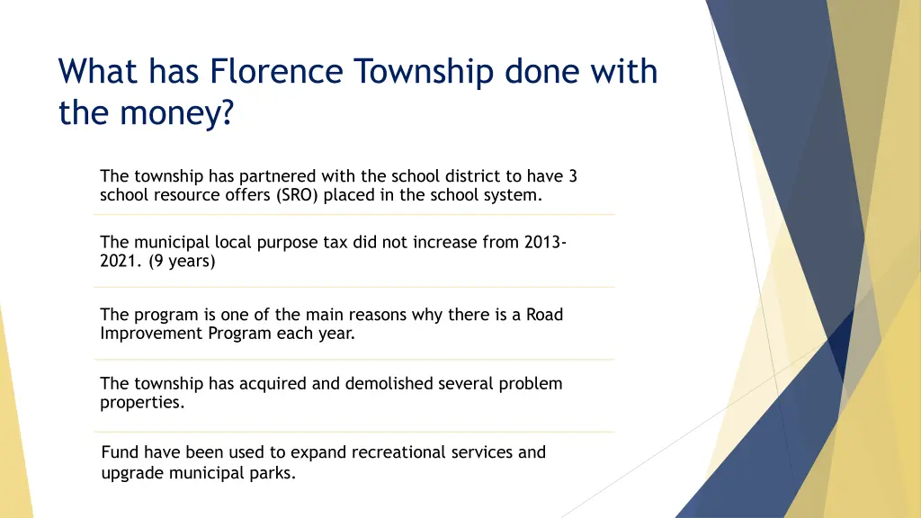 what has florence township done with the money