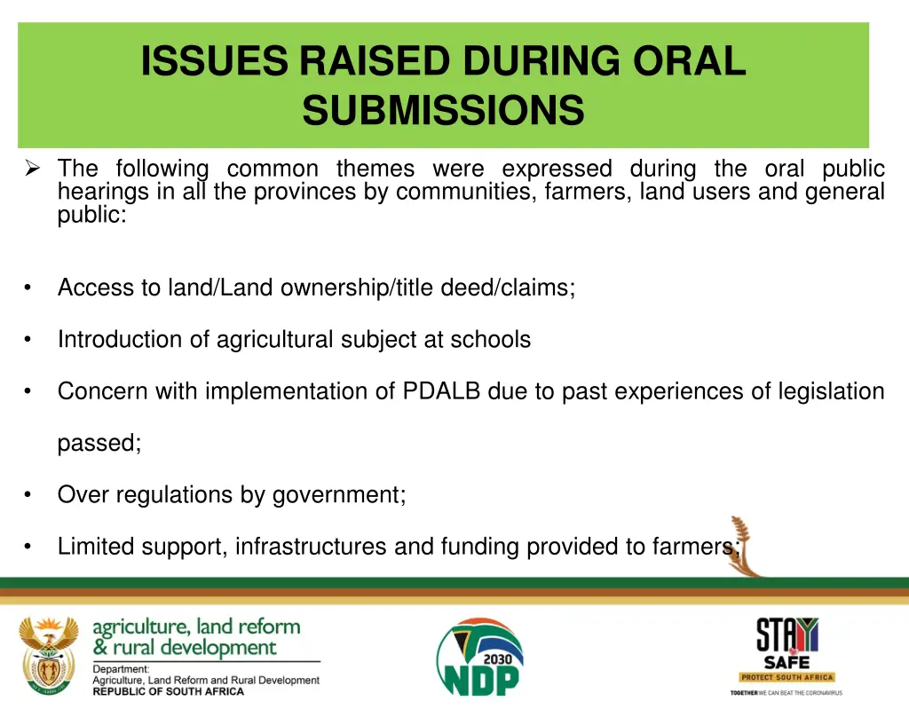 issues raised during oral submissions