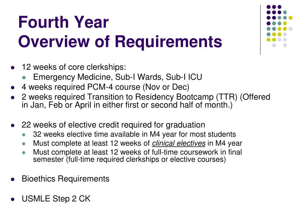fourth year overview of requirements
