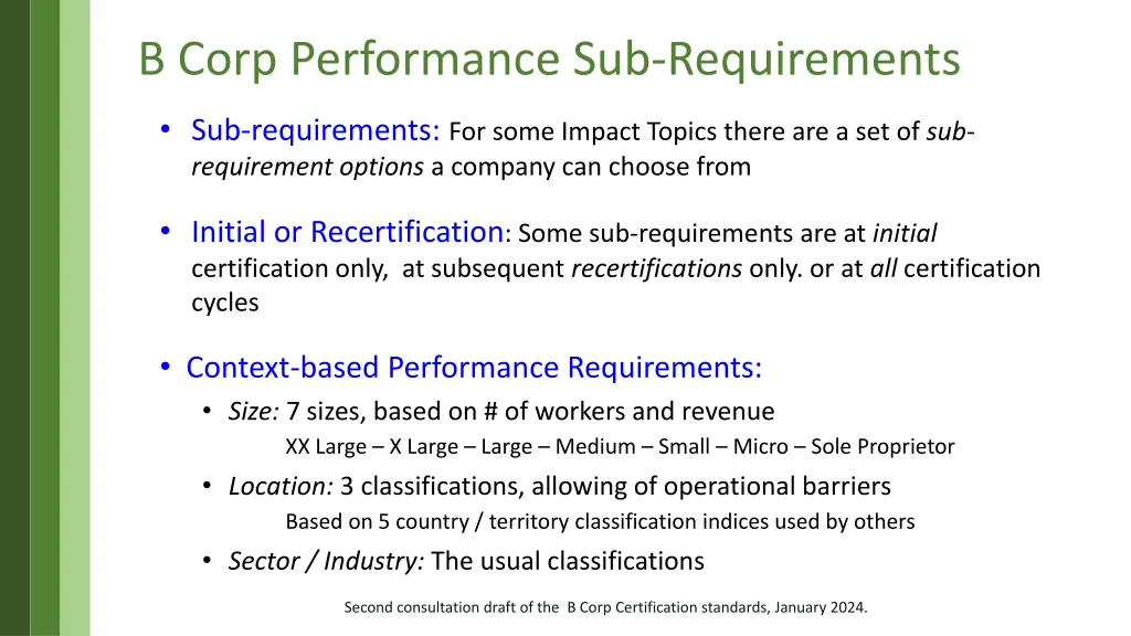 b corp performance sub requirements