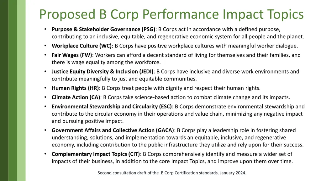 proposed b corp performance impact topics