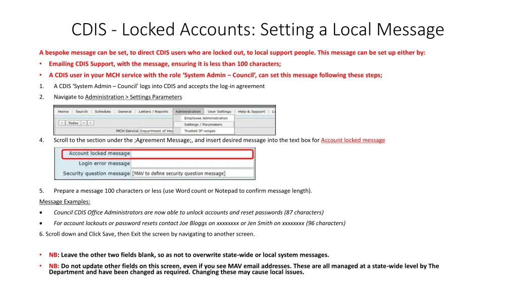 cdis locked accounts setting a local message