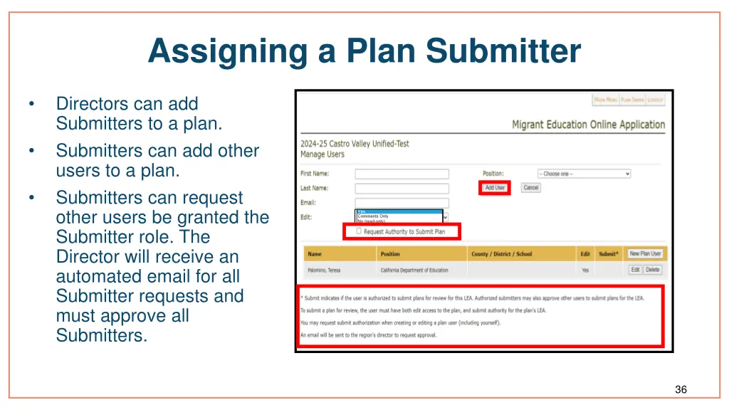 assigning a plan submitter
