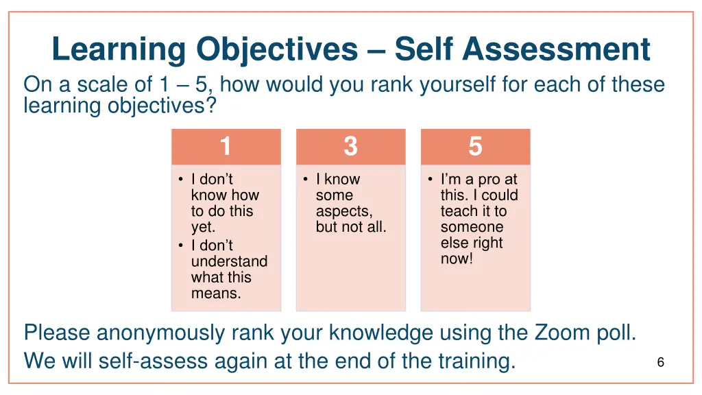learning objectives self assessment on a scale