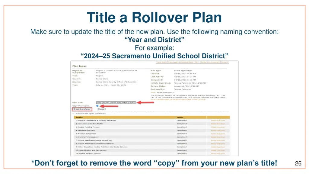 title a rollover plan make sure to update