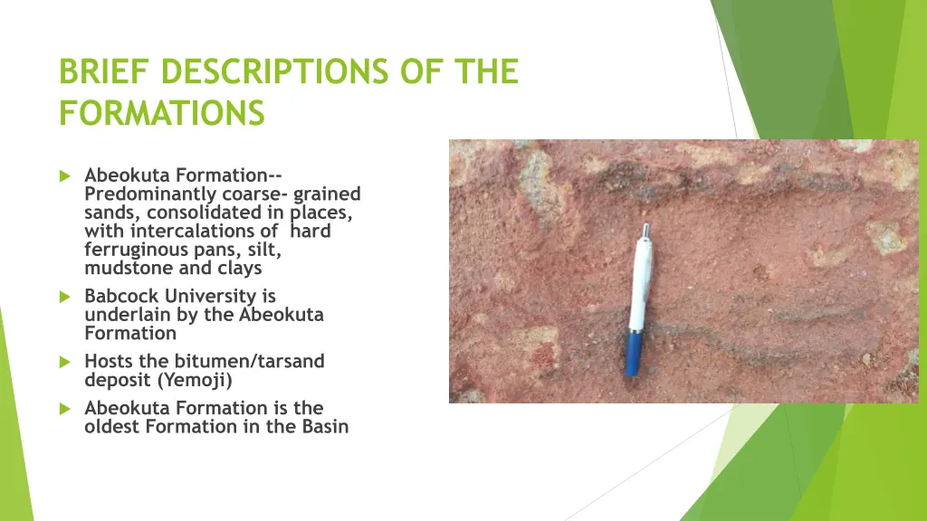 brief descriptions of the formations