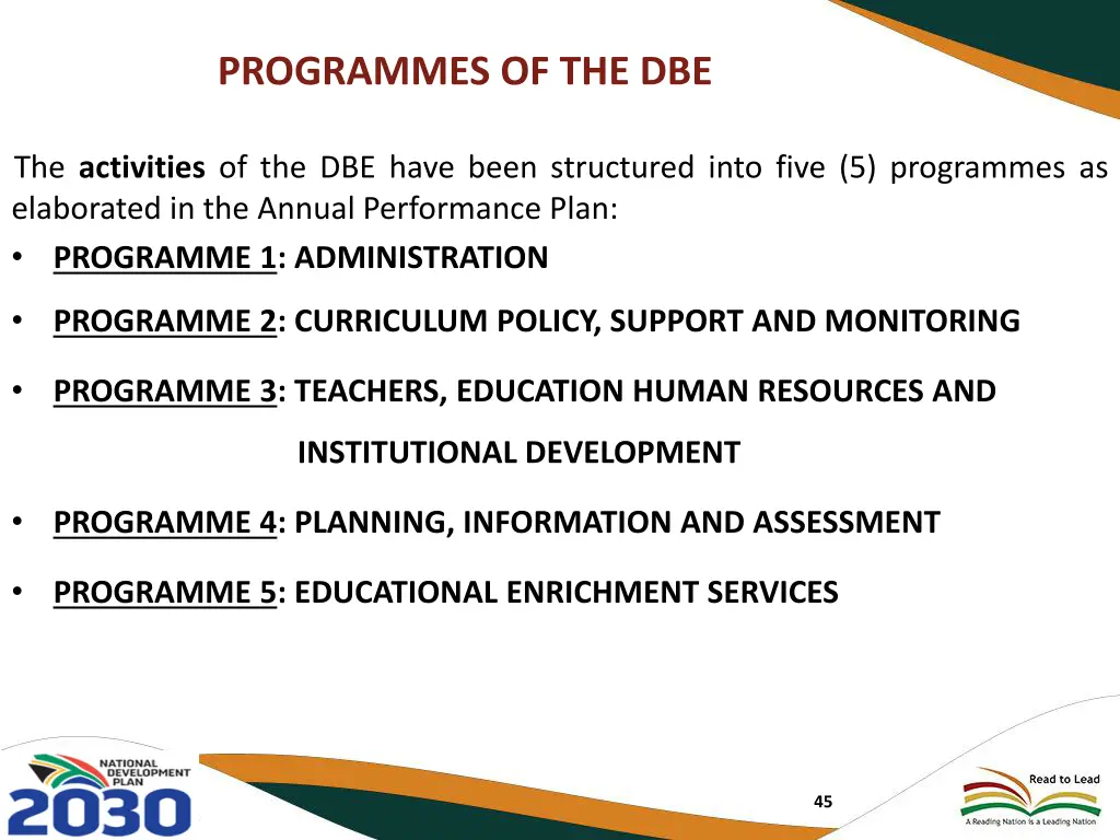 programmes of the dbe