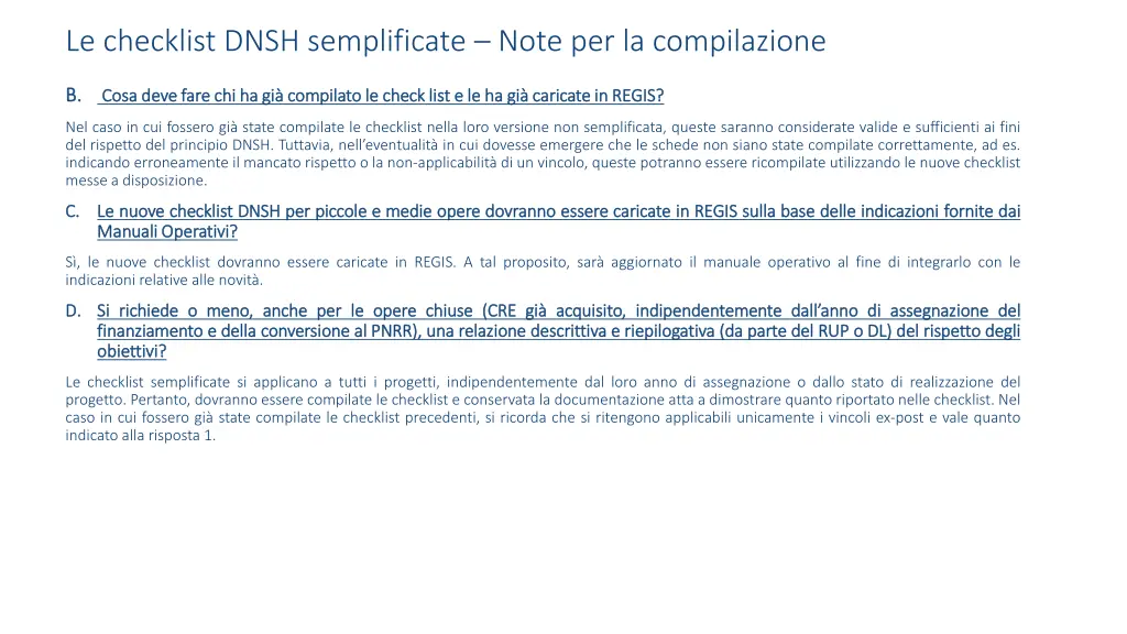 le checklist dnsh semplificate note 1